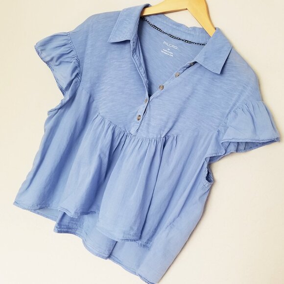 Anthropologie Pilcro Flutter-Sleeve Babydoll Top Wedgewood Blue Cotton $70 India - Picture 11 of 14